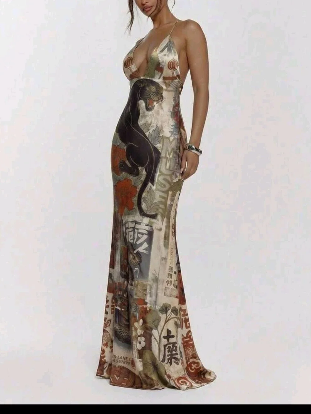 Sleeveless V-Neck Floral & Panther Print Maxi Dress — Beige Multi - Picture 2 of 5